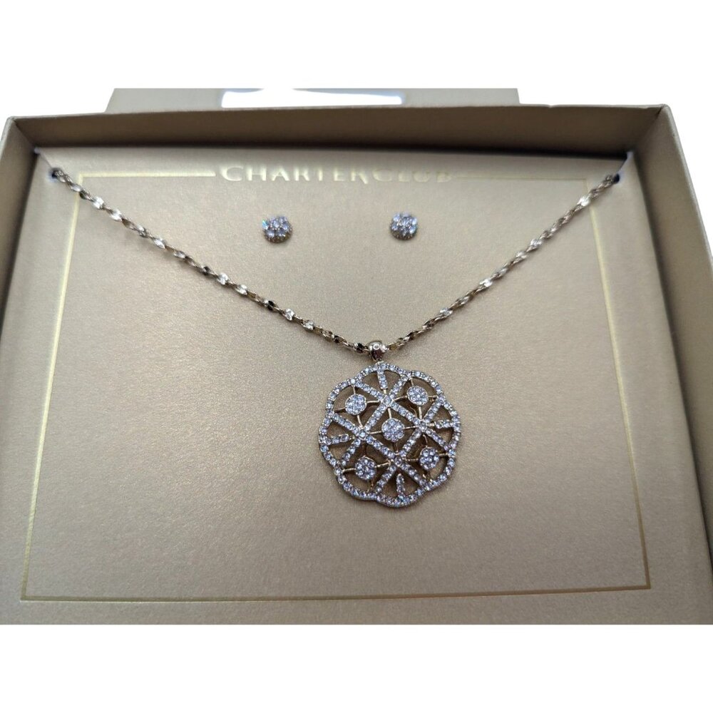 Charter Club Gold-Tone Necklace & Earring Set With Sparkling Pendant & Studs In - Picture 2 of 9